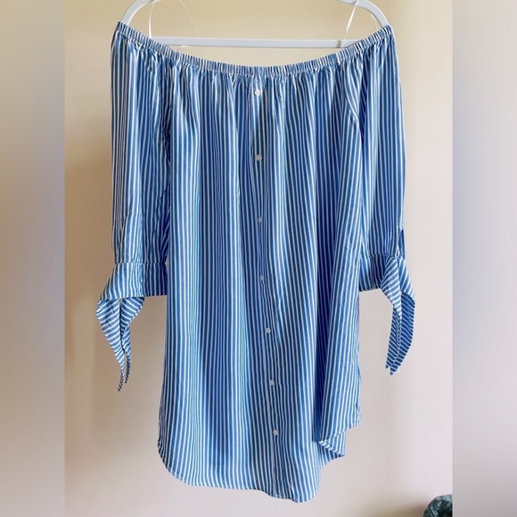 Cupcakes and Cashmere Womens Blue Ciara Stripe Off The Shoulder Dress - Size M - Picture 2 of 8